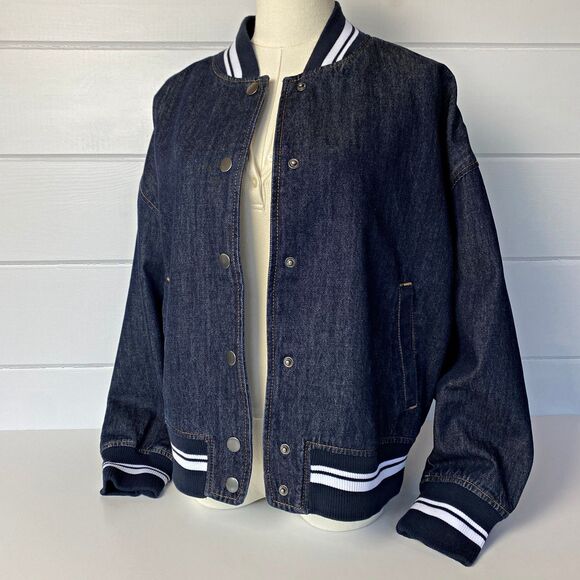 90s Oversized Denim Jean Bomber Jacket S 80s Retro Varsity Baseball Letterman - Picture 2 of 13